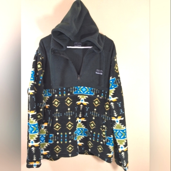 mens free nature fleece 1/4 zip pullover hoodie green aztec print warm sz m euc - Picture 1 of 9